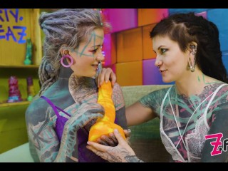 2 heavy tattoo girls get ass fucked by a big dick - ANAL, gape, prolapse, ATOGM, split tounge BJ -