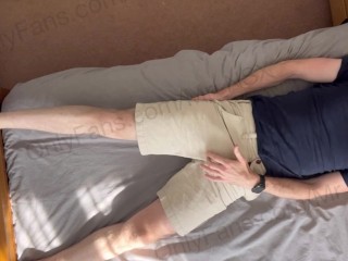 Birdseye view - a big hard cock masturbated to cumshot over my stomach. Horny, hung and jerking off