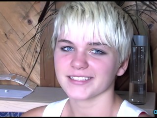 Blue eyed blonde girl with a pixie cut enjoys shagging