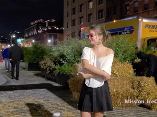 Changing into sheer dress on a busy downtown night