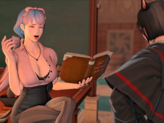 Cute Midlander teacher gives handjob and blowjob to Miqo trans student