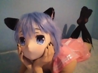 Cute neko anime schoolgirl playing with her boobs teasing - Shirotaku Kigurumi