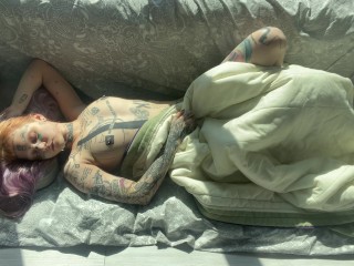 Cute tattooed teen lazy masturbating in the morning sunlight