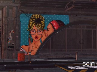 Cyberpunk dreams. 3d dickgirl fucks a sexy horny girl in the sci-fi living bedroom