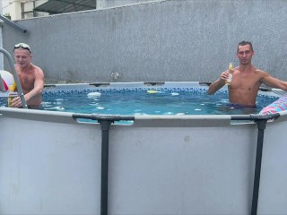 Gave his girlfriend's tight pussy to his friends after a pool party. Creampie and double vaginal