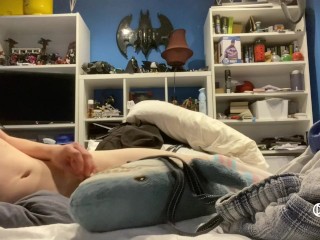 genderqueer femboy tries to keep it hard while humping sharky and stroking it in thigh high socks