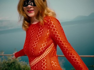 Ginger Girl in Long Red Dress Gets Hairy Pussy Creampie in Swimming Pool