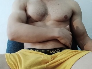 Guy moaning, cum on my yellow underwear (Big Cumshot)
