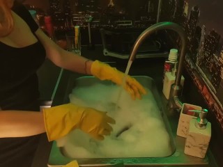 handjob dildo in rubber gloves