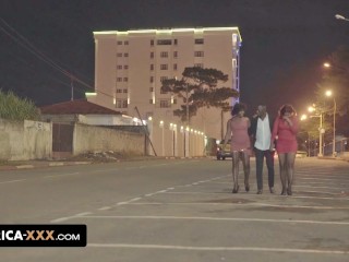 He comes back home with 2 busty african babes