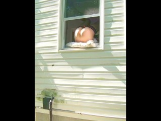 HORNY dildo orgasm squirting out of window while neighbors are outside!
