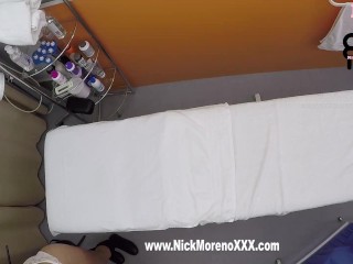Horny Masseur Man Puts his Hand all over the Body of a 22-year-old Girl and he Likes his Cock