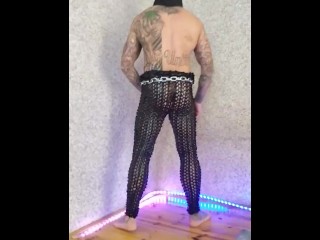 Hot tattoo men in BDSM hood jerking off his cock