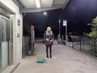 I leave my clothes behind and ride a fat dildo at a train station park and road
