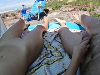 🔇 Jerking Off On The Public Nude 👙Beach🏖️. People See Us. Some Came Closer For a Better View👀
