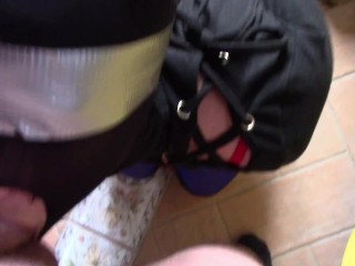 Laura XXX hogtied in her knees, masked and hooded. POV blowjob, throatfucked with ring gag in her mo