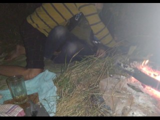 Licked the sweet pussy of his girlfriend by the fire