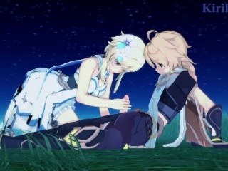 Lumine and Aether have intense sex in the meadow at night. - Genshin Impact Hentai