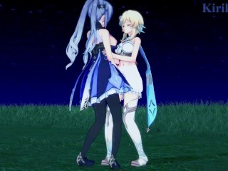 Lumine and Keqing engage in intense lesbian play in a meadow at night. - Genshin Impact Hentai