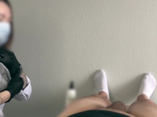 medical exam of a flaccid uncut cock POV