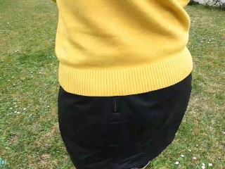 MILF in stockings and heels with a leather skirt pee squatting outside close up on her pierced cunt