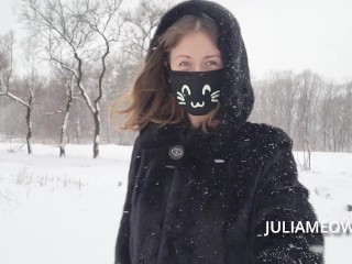 Milf walks almost naked in winter