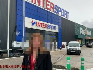 orgasm in a fitting room in a sports store, public sex