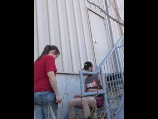 OUTDOOR! Plain Jane Quickie at Work. Spending lunch break riding Master's cock 