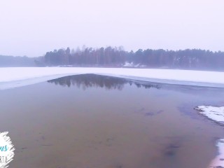POV: Beautiful Nude Girl Public Winter Swimming In Frozen Lake