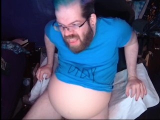 pregnant daddy pushing out another baby, struggling and cumming hard