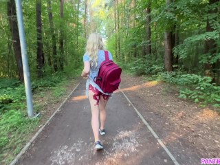 Public dare - stepsister walks outside with no panties and with remote control vibrator in her pussy