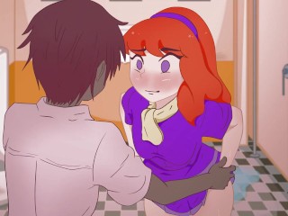 Red-haired Daphne takes off her panties in the toilet in front of an unknown guy without complexes !