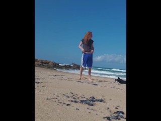 redhead jerks and CUM at public beach! SOCKS JOB and cum lick!!!! mydailyfetish