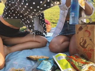 Risky public flashing - Picnic in the park with friends