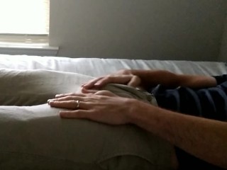 Rubbing myself through my pants, then pulling out my hard cock!