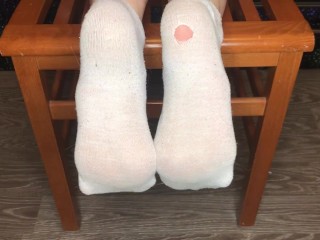 School girl in dirty white socks show stinky foot sniffing pov