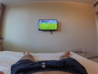 SHE GIVES THE PERFECT HANDJOB AFTER STOPPING HIM FROM WATCHING FOOTBALL