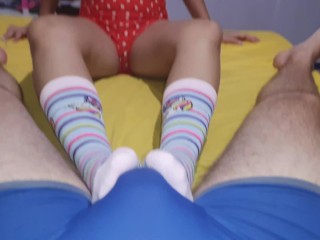 Sock fetish, sockjob on underwear wearing cute socks, cum in pants footjob