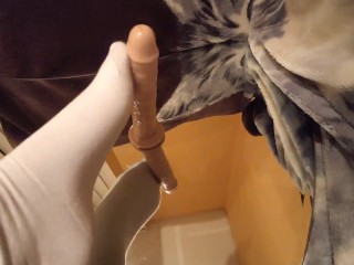Sockjob with sweet white cotton socks with pearls on a dildo ends with bare foot