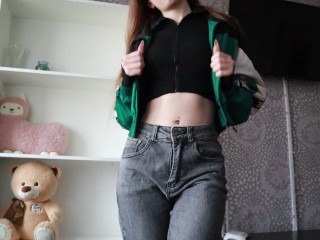 STRIPTEASE OF A VIRGIN GIRL. TAKE OFF JEANS AND CUM ON CAMERA