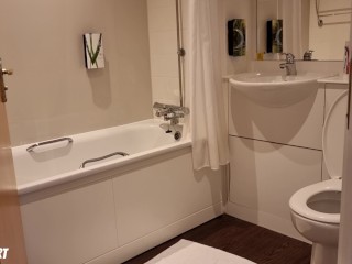 TEASING the PLUMBER in a HOTEL Bathroom - UPSKIRT No PANTIES Flash &amp; Getting Naked for a Bath