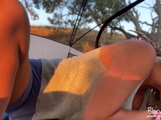 Teen Blonde with Big Ass Fucks in an Open Tent while Camping - Amateur Couple BlondeAdobo