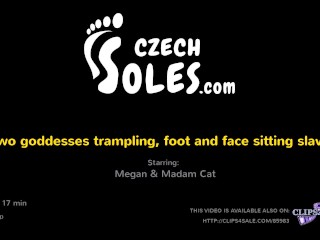 Two goddesses trampling, foot and face sitting slave (foot domination, femdom, facesitting, feet)