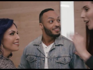 Two hot shemale fucks guy