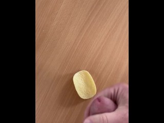 Wanking over, and then eating, a cum covered Pringle