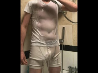 Wet t-shirt and boxers wank