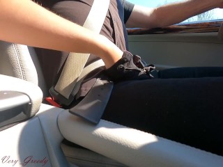 While driving my jerks my cock to make me hard and i stop to cum all my cum in her mouth