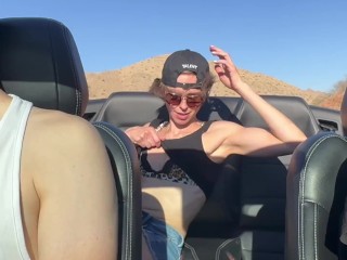 Wife fucked / spit roasted by two guys and receives creampie on public road in the Nevada desert