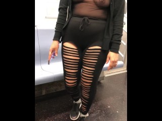 Wife in sheer shirt no bra (pierced nipples )on train ripped pants