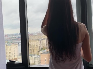 Young hot AMATEUR couple public fuck near the window with a view of city